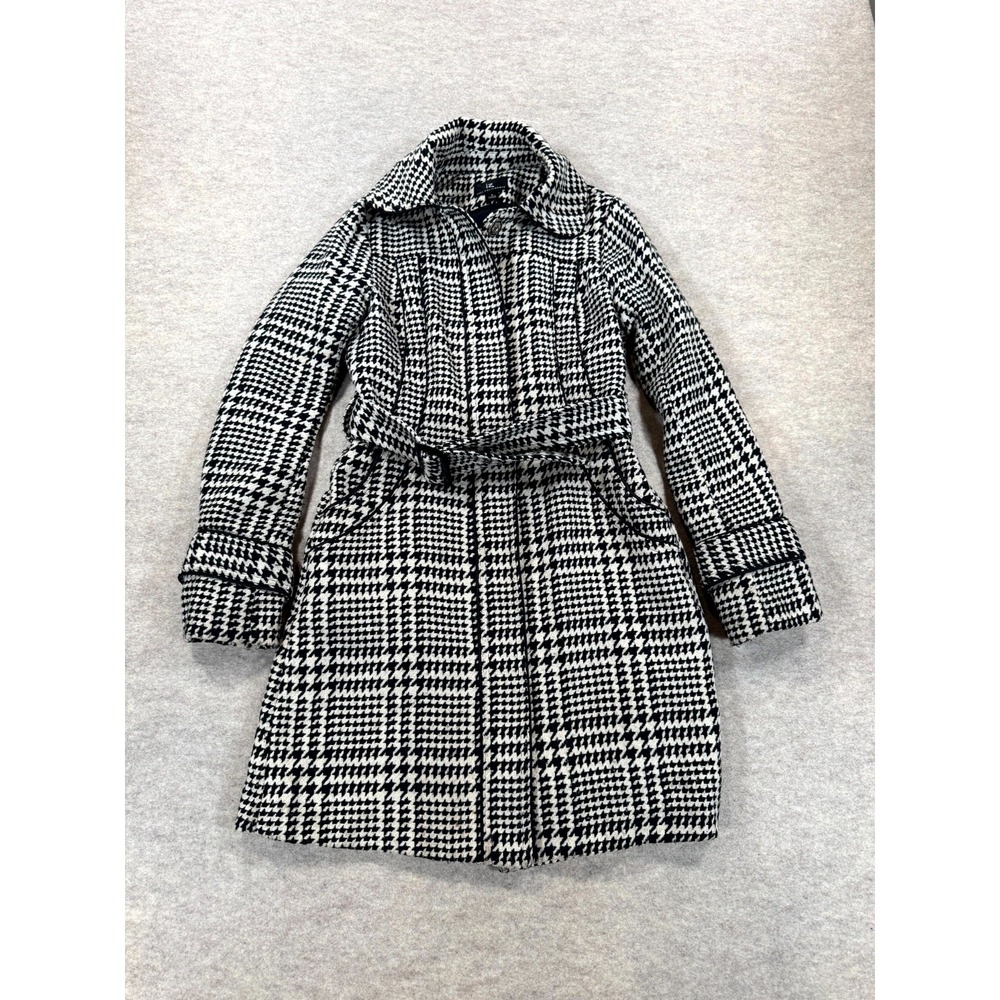 IZ Byer California Women Houndstooth Trench Jacket Black White Belted S 0029K32